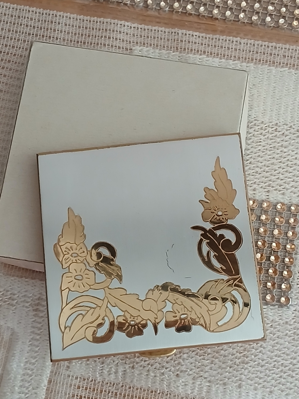 Vintage 1960s Gold Floral Compact Mirror - Decorative Square Powder Compact